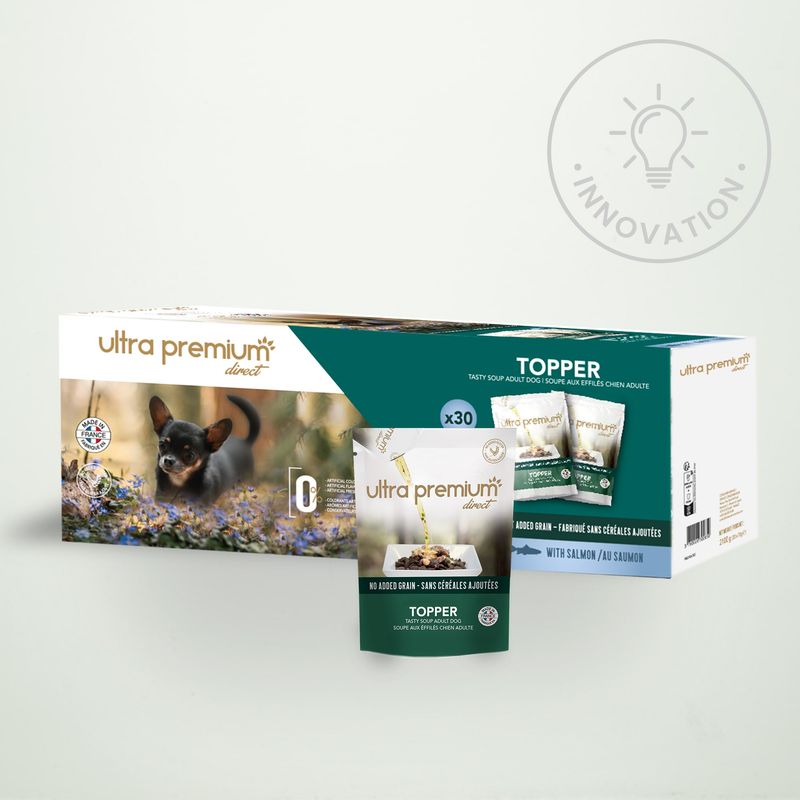 Graanvrije hond met zalm op een lichtgroene achtergrond