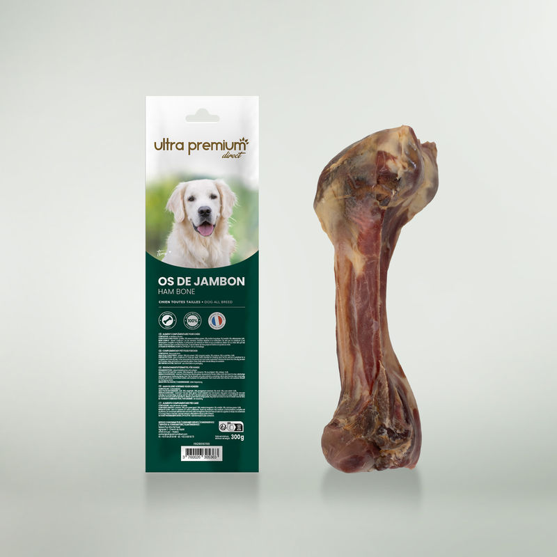 Zakje hambot voor honden op een lichtgroene achtergrond