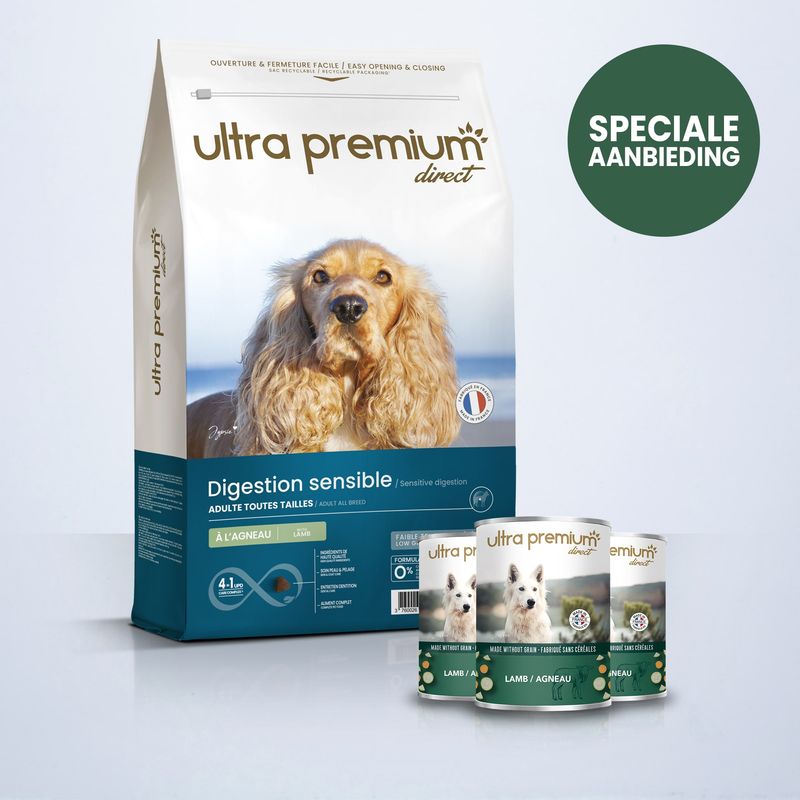 Dubbel voeding bestaande uit een zak van 12 kg super premium lam en brokken voor volwassen hond van alle groottes en 24 blikjes graanvrije met lam op een lichtblauwe achtergrond