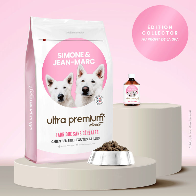 Pack Croquettes chien sensible sans céréales + Huile de saumon - édition collector Simone & Jean-Marc