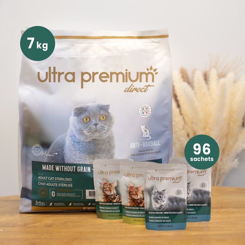Pack bi-nutrition : croquettes chat au saumon et sachets fraîcheur - Ultra  Premium Direct