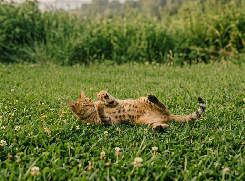 ocicat jouant dans l'herbe