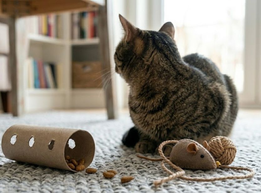 chat tabby gris avec ses jouets DIY