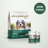 Pack bi-nutrition composé d'un sac de 4 kg de croquettes sans céréales pour chien digestion sensible, et de 2 boîtes de pâtée à l'agneau, sur fond vert clair
