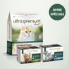 Pack bi-nutrition composé d'un sac de croquettes sans céréales au poulet frais pour chat stérilisé, sur fond vert clair, et de 96 sachets fraîcheur