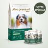 Pack bi-nutrition composé d'un sac de 12 kg de croquettes sans céréales pour chien digestion sensible, et de 24 boîtes de pâtée à l'agneau, sur fond vert clair