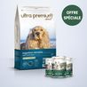 Pack bi-nutrition composé d'un sac de 12 kg de croquettes super premium agneau et riz pour chien adulte de toutes tailles, et de 24 boîtes de pâtées sans céréales à l'agneau sur fond bleu clair